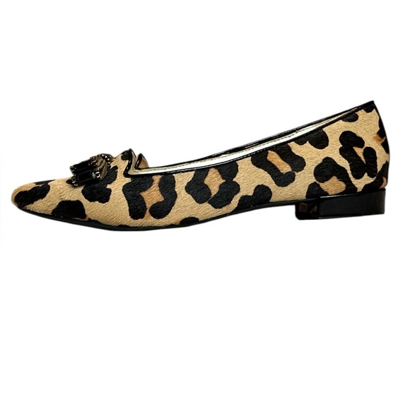 Anne Klein AKKEANA iflex Leopard Print real fur flats black patent bow - Picture 1 of 13